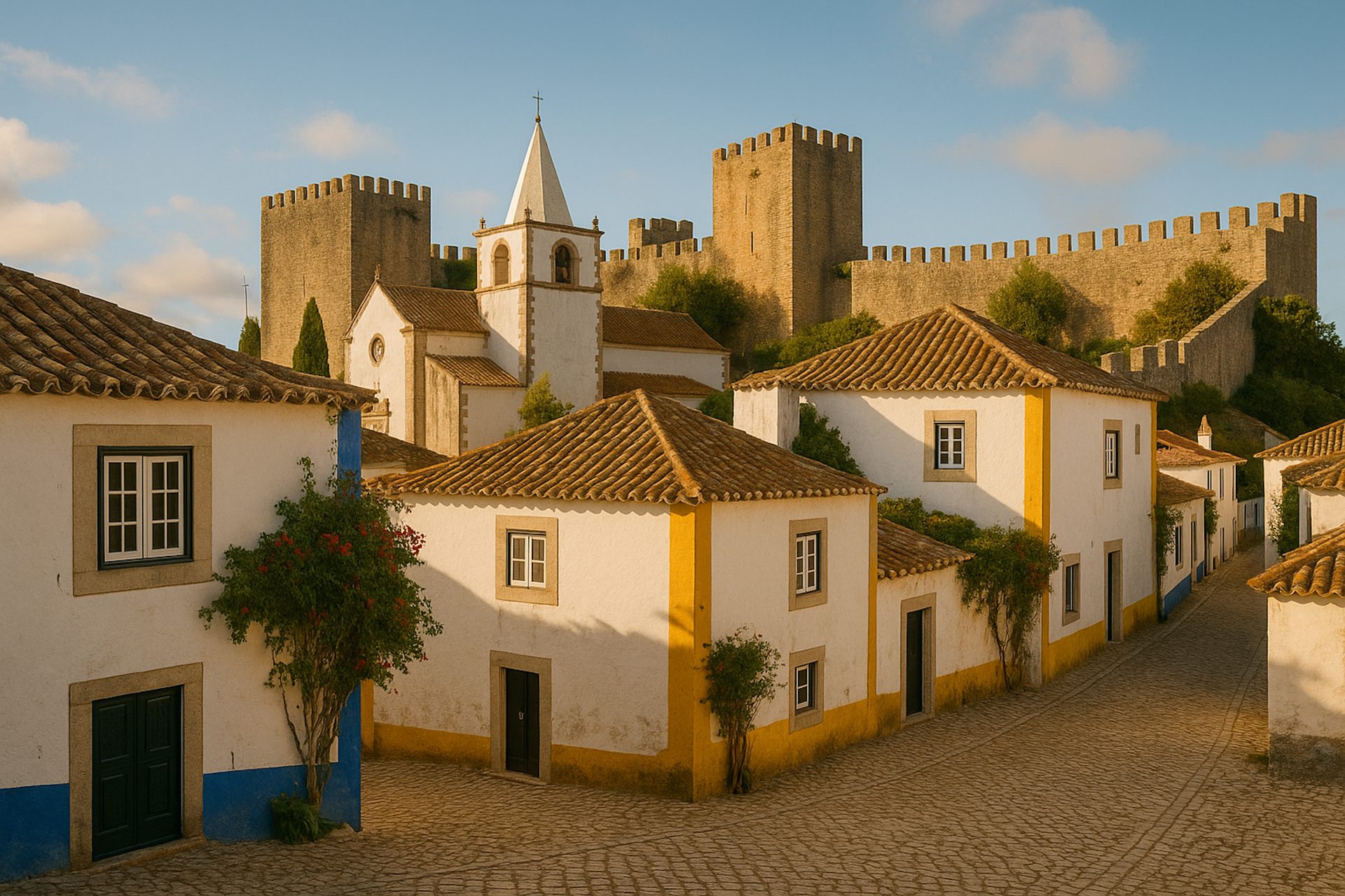 Casas encaladas y murallas del castillo de Óbidos, Portugal