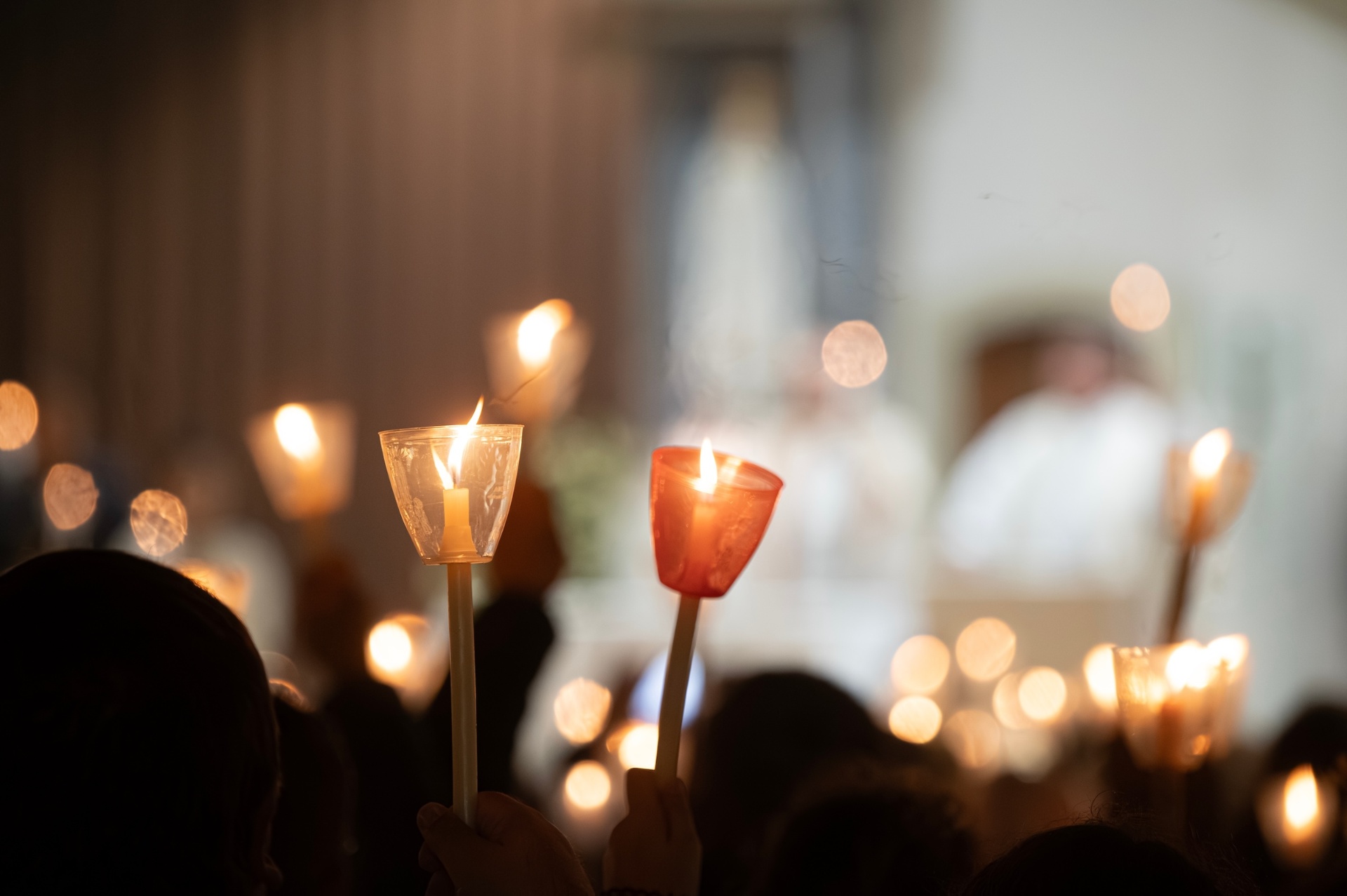 Close-up of candles during Fátima procession